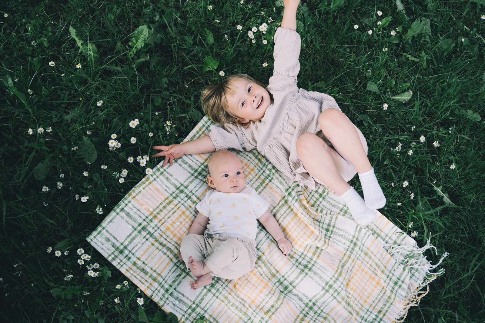 Children in nature. Preschool small kids play on green grass outdoors in summer.